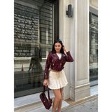 Kadın Kısa Crop Suni Deri Biker Ceket – Bordo - M