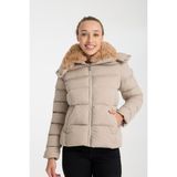 Kadın Kısa Dik Peluş Yaka Çıkarılabilir Kapüşonlu Dolgulu Su İtici Şişme Mont 8507 - Bej