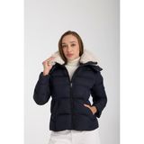 Kadın Kısa Dik Peluş Yaka Çıkarılabilir Kapüşonlu Dolgulu Su İtici Şişme Mont 8507 - Lacivert