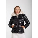 Kadın Kısa Dik Peluş Yaka Çıkarılabilir Kapüşonlu Dolgulu Su İtici Şişme Mont 8507 - Parlak Siyah - XL