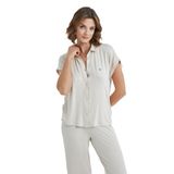 Kadın Kısa Kol Önden Düğmeli Bej Pijama Takımı C9T7N3O15- BEJ L