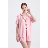 Kadın Kısa Kol Şortlu Çilek Desenli Nakışlı Pijama Takımı, L