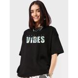 Kadın Kısa Kol Yazlık Tişört Bisiklet Yaka Vıbes Baskılı T-Shirt - Siyah