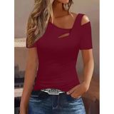 Kadın Kısa Kollu Asimetrik Yaka Detaylı Viskon Bluz - L-XL - Bordo