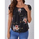 Kadın Kısa Kollu Bisiklet Yaka çiçek Baskılı Süprem Bluz - 2XL-3XL - Siyah