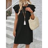Kadın Kısa Kollu Bisiklet Yaka Fırfırlı Kısa Bürümcük Elbise - 2XL-3XL - Siyah
