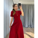 Kadın Kısa Kollu Bisiklet Yaka Maksi Boy Ithal Krep Elbise - Kırmızı / 2Xl-3Xl