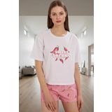 Kadın Kısa Kollu Bisiklet Yaka Pamuklu Pijama Takımı Yazlık Rahat Homewear Seçkin Malzeme