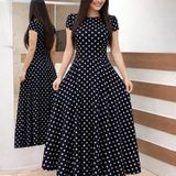 Kadın Kısa Kollu Bisiklet Yaka Puantiyeli Maksi örme Krep Elbise - 4XL-5XL - Siyah