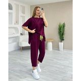 Kadın Kısa Kollu Bisiklet Yaka Viskon Iki Iplik Bluz Ve Pantolon Ikili Takım