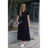 Kadın Kısa Kollu Bisiklet Yaka Yandan Yırtmaçlı Dantel Detaylı Uzun Viskon Elbise - Siyah / 2Xl-3Xl
