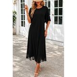 Kadın Kısa Kollu Bisiklet Yakalı Püskül Zikzak şekilli Midi Viskon Elbise - 2XL-3XL - Siyah