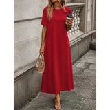 Kadın Kısa Kollu Bisiklet Yakalı Uzun Viskon Elbise - Kırmızı / 2Xl-3Xl