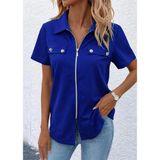 Kadın Kısa Kollu Ceket Yaka Önü Fermuarlı Cep Detay Kısa Kol Ithal Krep Bluz - Saks Mavi / 2Xl-3Xl