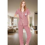 Kadın Kısa Kollu Çizgili Pamuklu Pijama Takımı Rahat Ev Giyim Seti Özenle Seçilmiş