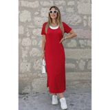 Kadın Kısa Kollu Içi Atlet Görünümlü Yandan Yırtmaçlı Uzun Viskon Elbise - 2XL-3XL - Kırmızı