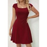 Kadın Kısa Kollu Kare Yakalı Kısa Ithal Krep Elbise - Bordo / 2Xl-3Xl