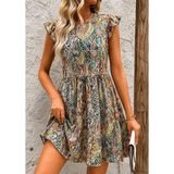 Kadın Kısa Kollu Kolları Fırfırlı Bisiklet Yakalı Etnik Desenli Elbise - L-XL - Desenli
