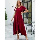 Kadın Kısa Kollu Kruvaze Yakalı ön Asimetrik Volanlı Uzun Ithal Krep Elbise - L-XL - Kırmızı
