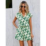 Kadın Kısa Kollu V Hakim Yakalı Düğmeli Desenli Kısa Modal Tulum - 2XL-3XL - Yeşil