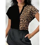 Kadın Kısa Kollu V Hakim Yakalı Leopar Desenli Sandy Bluza - L-XL - Siyah