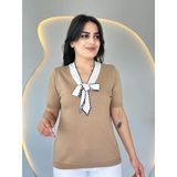 Kadın Kısa Kollu V Yaka Fular Detay Merserize Triko Bbluz
