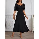 Kadın Kısa Kollu V Yakalı Önden Büzgüü Uzun Ithal Krep Elbise - Siyah / 2Xl-3Xl