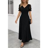 Kadın Kısa Kollu V Yakalı Uzun Janjan Elbise - 2XL-3XL - Siyah