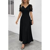 Kadın Kısa Kollu V Yakalı Uzun Janjan Elbise - 4XL-5XL - Siyah