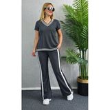 Kadın Kısa Kollu V Yakalı Viskon Iki Iplik Bluz Ve Pantolon Ikili Takım - Gri / 2Xl-3Xl