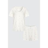 Kadın Kısa Kollu Viskon Kalp Desenli Şortlu Pijama Takımı - XL - Ekru - Pudra