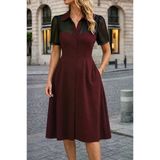 Kadın Kısa Kollu Yakalı Önden Düğmeli Midi Ithal Krep Elbise - Bordo / 3Xl