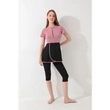 Kadın Kısa Kollu Yarı Kapalı Tesettür Mayo Taytlı Boneli Takım Short Arm Swimsuit - Pembe - 2XL