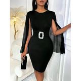 Kadın Kısa Pelerın Kollu Yuvarlak Yakalı Tokalı Kısa Ithal Krep Elbise - Siyah / 2Xl-3Xl
