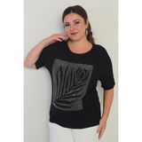 Kadın Kısa Yarasa Kollu Taş Detaylı Gül Desenli Likralı Büyük Beden Bluz - 4XL - Siyah