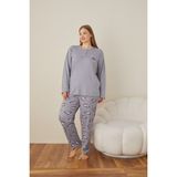 Kadın Kışlık Büyük Beden Curve Nakışlı Desenli Yakası Düğmeli Uzun Kollu Pijama Takımı - 2XL - Gri