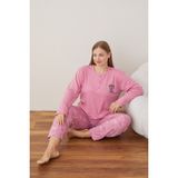 Kadın Kışlık Büyük Beden Curve Nakışlı Desenli Yakası Düğmeli Uzun Kollu Pijama Takımı - 4XL - Koyu Pudra
