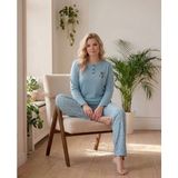 Kadın Kışlık Büyük Beden Curve Nakışlı Desenli Yakası Düğmeli Uzun Kollu Pijama Takımı - 4XL - Mavi - Açık Mavi