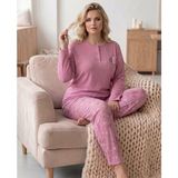 Kadın Kışlık Büyük Beden Curve Nakışlı Desenli Yakası Düğmeli Uzun Kollu Pijama Takımı - 5XL - Koyu Pudra