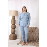 Kadın Kışlık Büyük Beden Curve Nakışlı Desenli Yakası Düğmeli Uzun Kollu Pijama Takımı - 5XL - Mavi - Açık Mavi