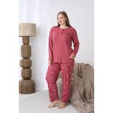 Kadın Kışlık Büyük Beden Curve Nakışlı Desenli Yakası Düğmeli Uzun Kollu Pijama Takımı - Kiremit - Ekru - 3XL