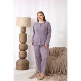 Kadın Kışlık Büyük Beden Curve Nakışlı Desenli Yakası Düğmeli Uzun Kollu Pijama Takımı - Mürdüm - 2XL