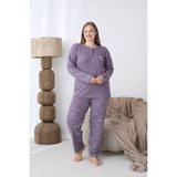 Kadın Kışlık Büyük Beden Curve Nakışlı Desenli Yakası Düğmeli Uzun Kollu Pijama Takımı - Mürdüm - 4XL
