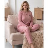 Kadın Kışlık Büyük Beden Nakışlı Desenli Yakası Düğmeli Uzun Kollu Pijama Takımı - 2XL - Gül Kurusu