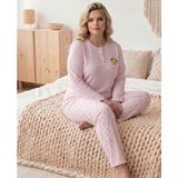 Kadın Kışlık Büyük Beden Nakışlı Desenli Yakası Düğmeli Uzun Kollu Pijama Takımı - 4XL - Pembe