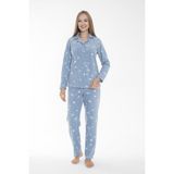 Kadın Kışlık Kar Desenli Önden Düğmeli Fitilli Polar Pijama Takımı Mavi XL