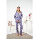 Kadın Kışlık Önden Düğmeli Çiçek Desenli Penye Lycra Pijama Takımı Mor - -