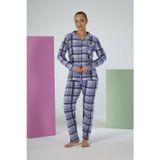 Kadın Kışlık Önden Düğmeli Kareli Penye Lycra Pijama Takımı Mavi
