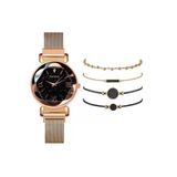 Kadın Kol Saati Lüks Moda Şık Trend Set Saat Rose Gold Renk + 4 Adet Bileklik