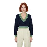 Kadın Kolej Temalı V Yaka Akrilik Oversize Triko Kazak Rahat Düşük Kol Crop Kış Stili. Kaliteli -Lacivert-M